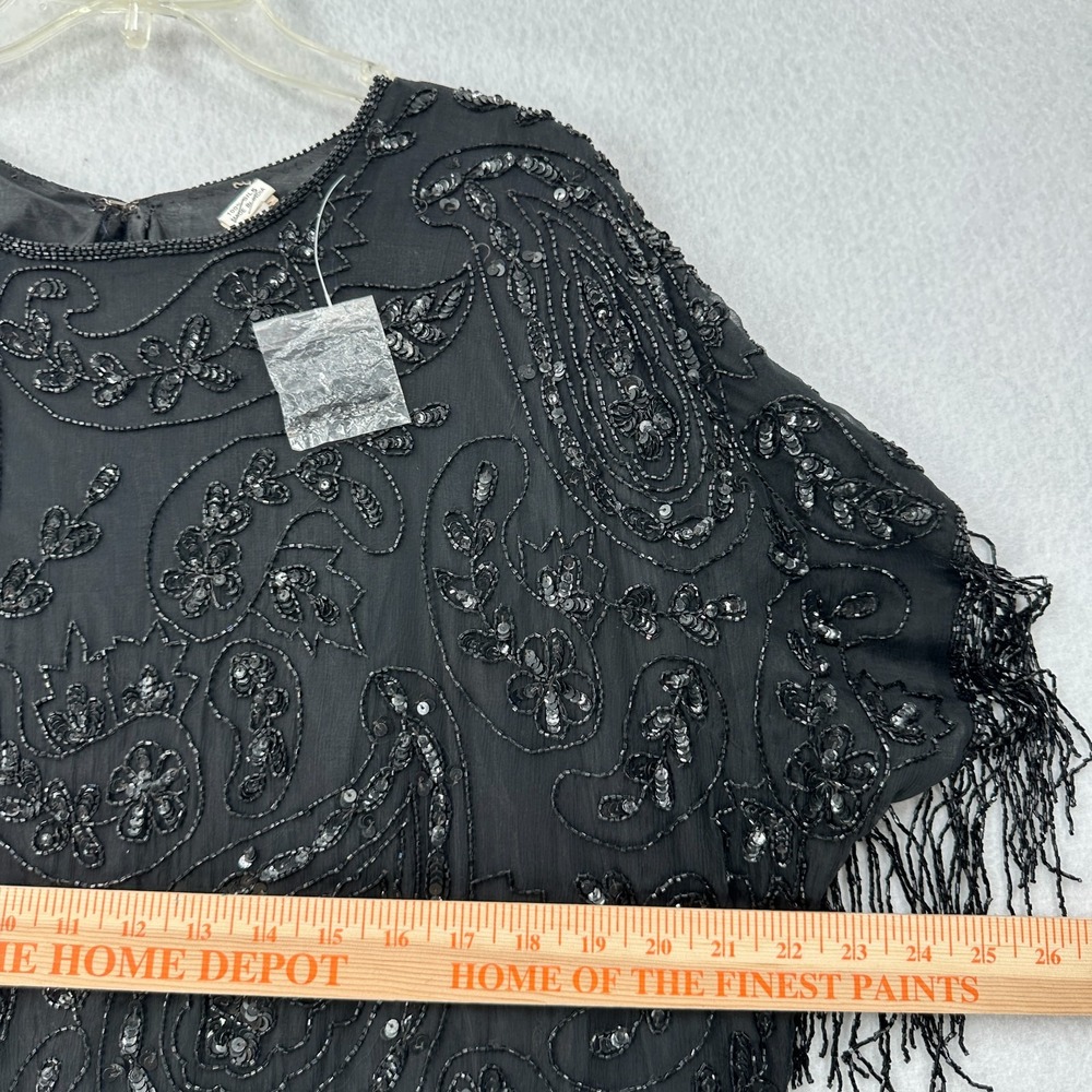 Silk Evening Dress Fully Beaded Tassle Short Sleeve Flapper Womens Large Black - Picture 7 of 8